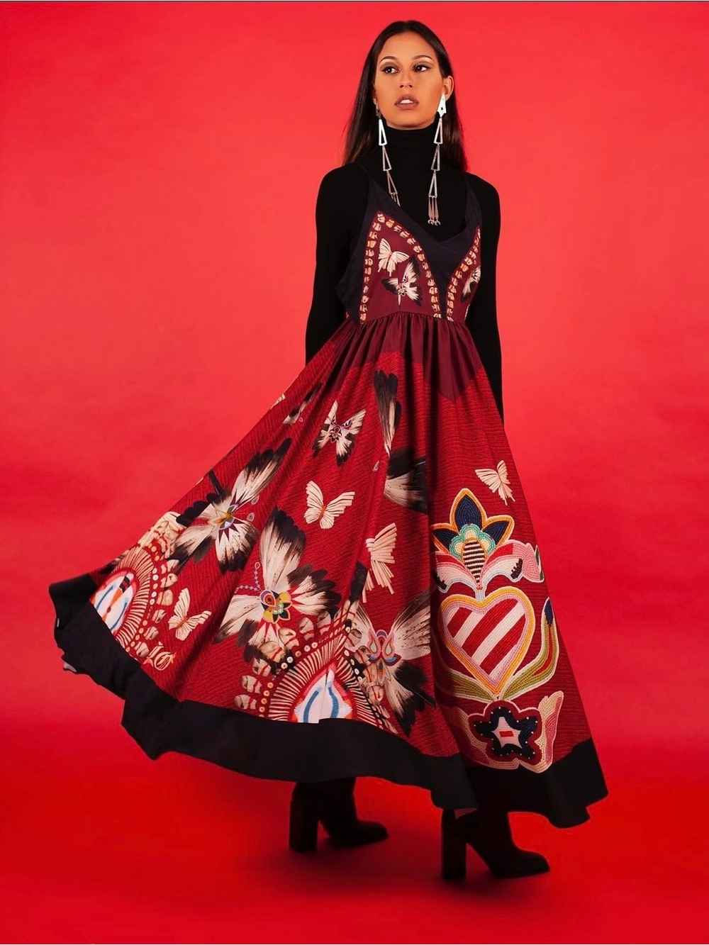 Jamie Okuma Red Butterfly Flutter Maxi Dress with Black Hem
